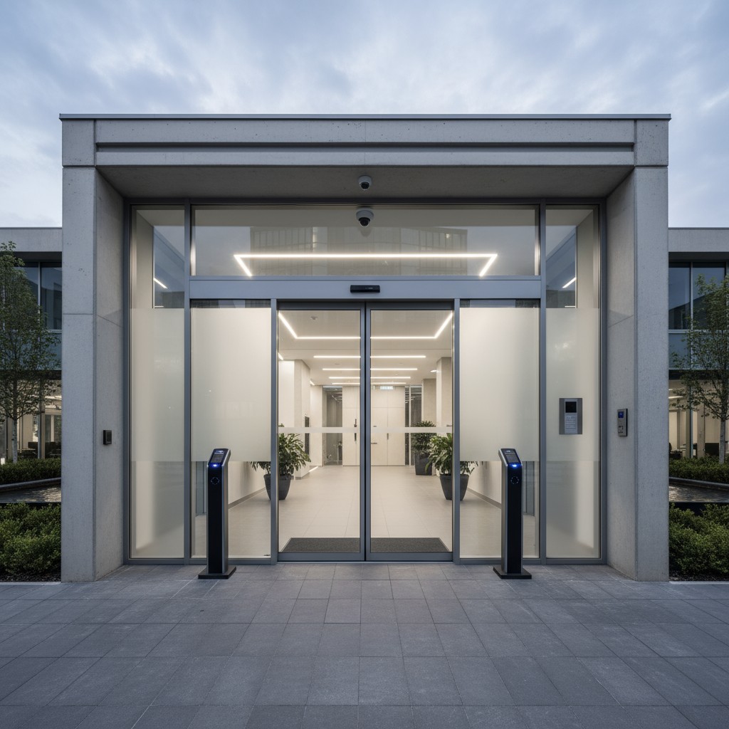 An office building entrance with glass doors and security cameras.