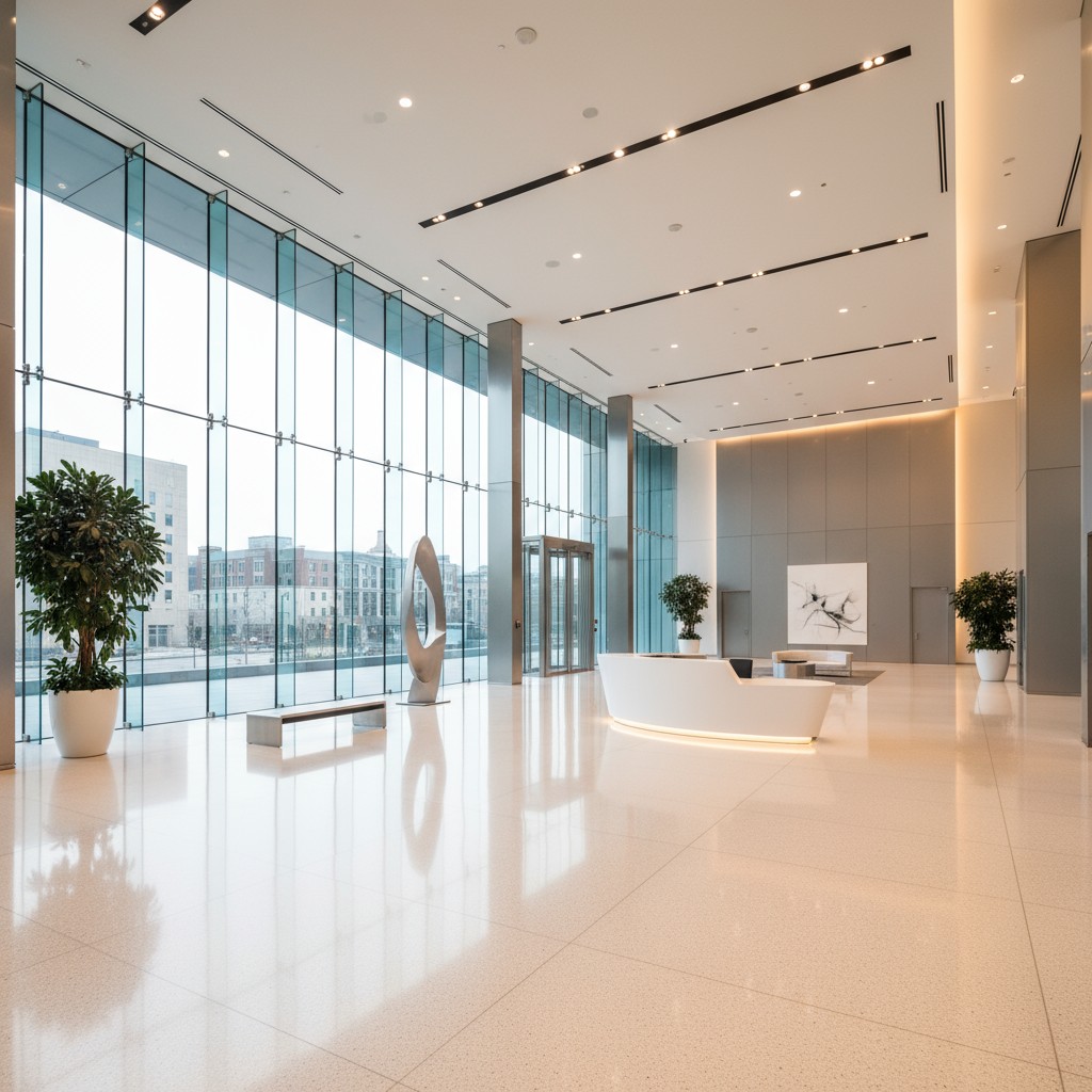 A modern office lobby with glass walls, a sleek coffee table, and some sculpture pieces, featuring a white marble floor an...
