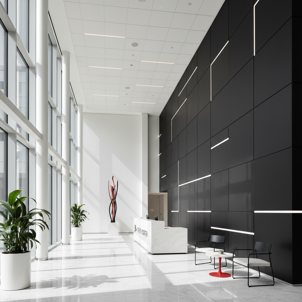 A modern, professional commercial building lobby with clean lines, natural lighting, and sleek architectural details, emphasizing trust and sophistication. Include subtle reflections on the floor, minimalistic decor, and a calm, welcoming atmosphere. Use TrueNorth’s brand colors subtly in accents (red, black, white) without overpowering the scene. No people, focused on the space as inviting and professional, high-resolution, realistic style, suitable for website hero or form sidebar imagery.