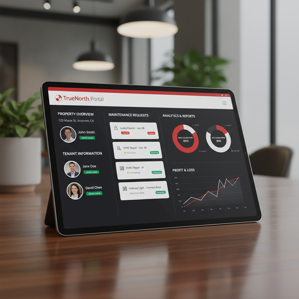 A tablet displaying a property overview in the TrueNorth portal, including tenant info, maintenance requests, and analytics charts. Sleek interface with red, black, and white accents. Clean and modern design, professional, realistic, no people present.