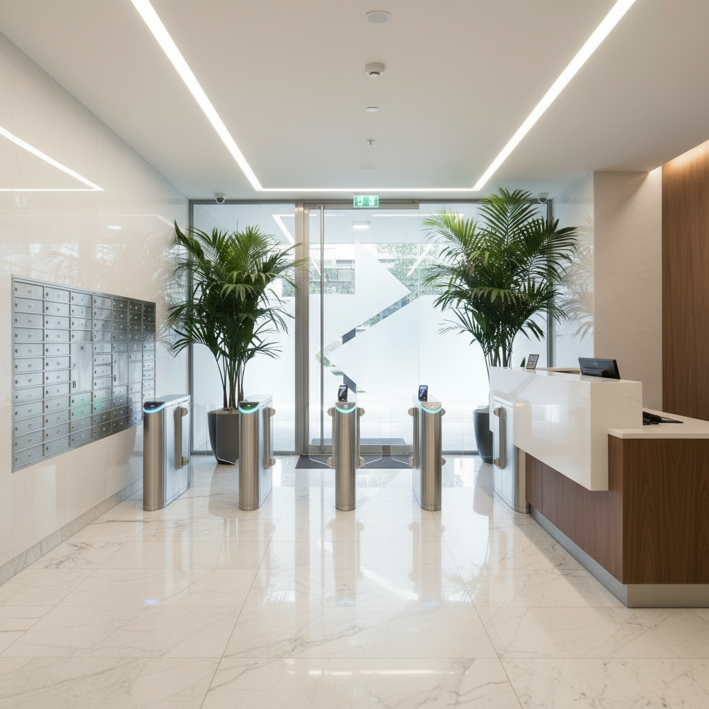large building lobby with modern badge swipe lanes for entry and a concierge desk, no people present