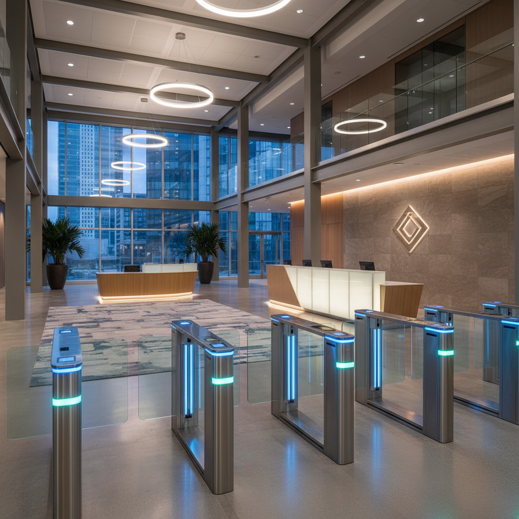 large office building lobby with modern badge swipe lanes for entry and a concierge desk, no people present
