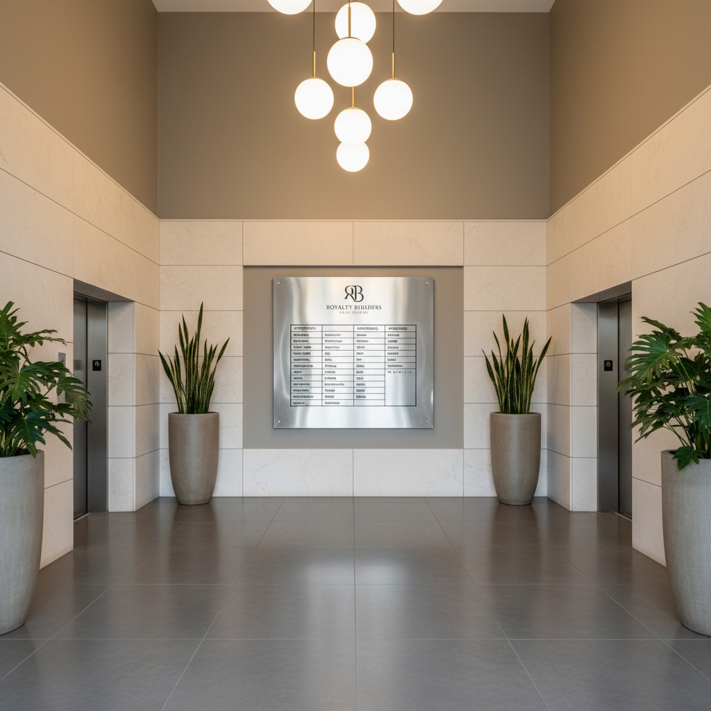 An interior hallway with two elevators, recessed panel-based signage, and a decorative chandelier lighting fixture.