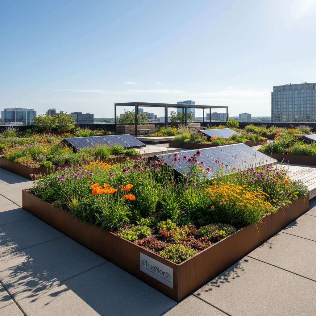 A rooftop garden with raised beds, solar panels, and a shade structure against a city skyline.