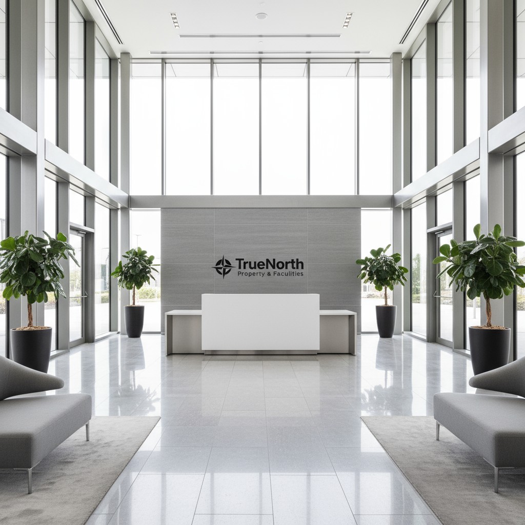 A sleek and modern office lobby with high ceilings, large windows, and minimalist decor, welcoming visitors into a profess...