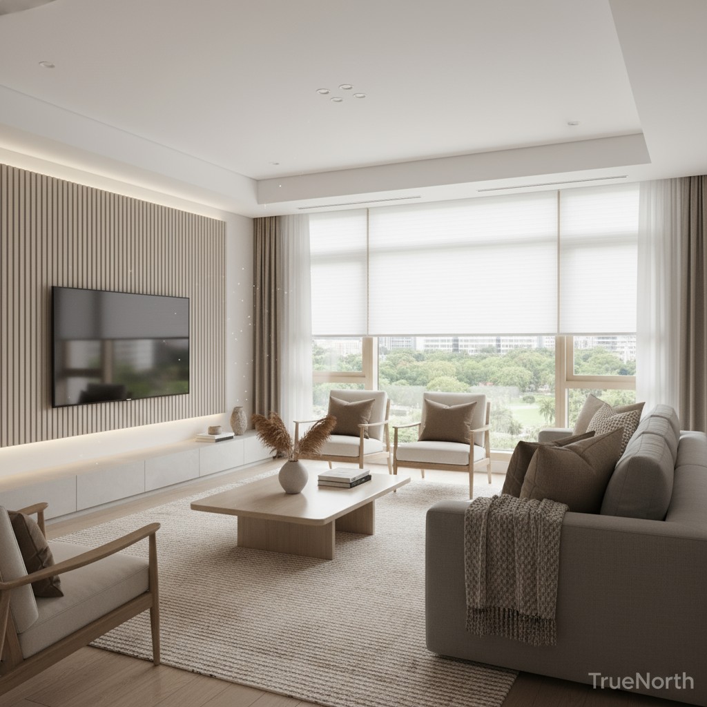 A modern living room with a sleek television and beige furniture, featuring a beige rug and large windows overlooking a park.
