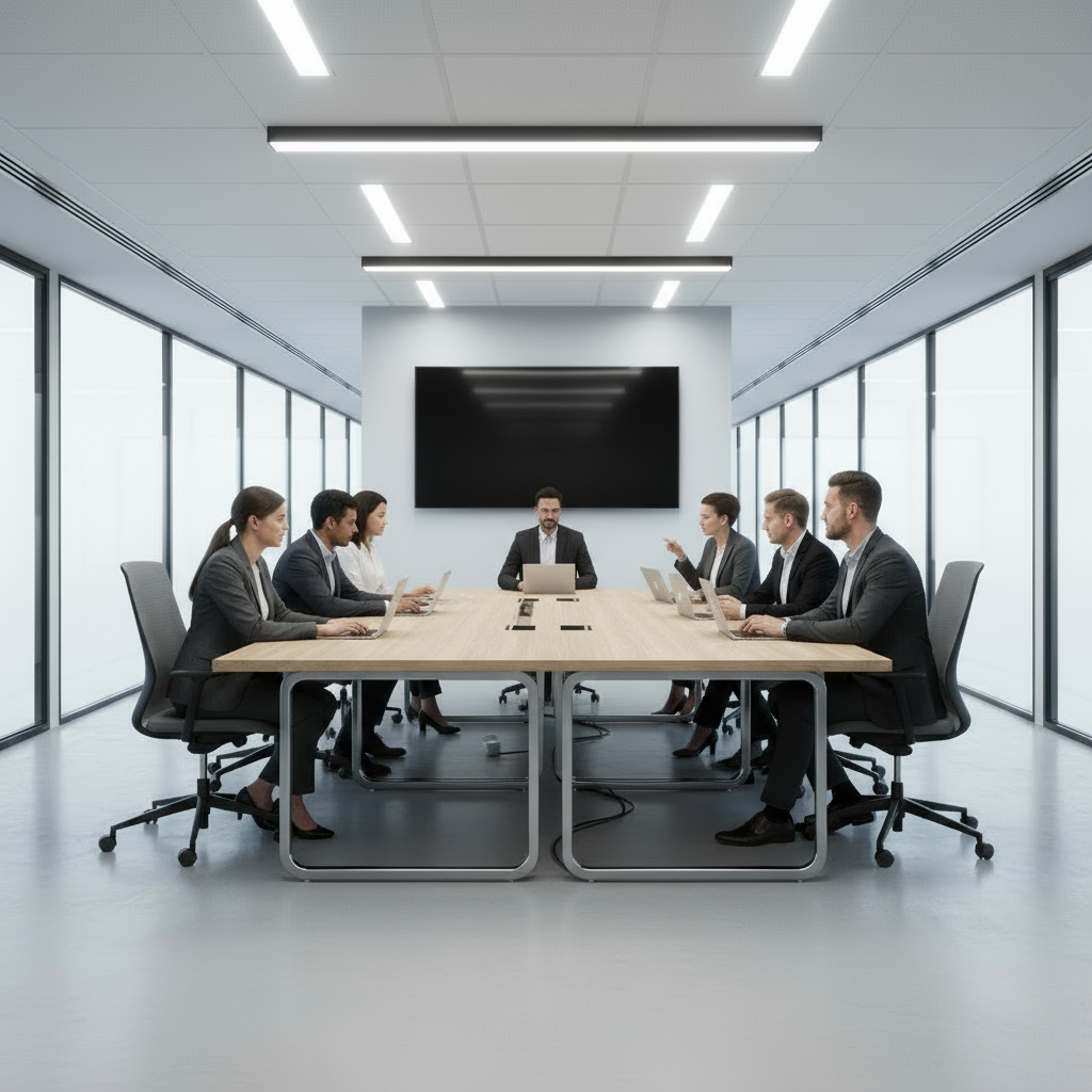 Remove the floating screens and holographic overlays from the image, keeping the modern office building interior with professionals using laptops and tablets. Emphasize clean lines, natural light, and sleek furnishings, without any digital or floating UI graphics.