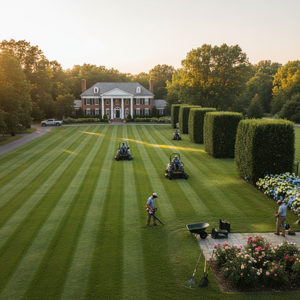 Lawn maintenance workers mowing a large yard in front of a substantial, multi story home with landscaping. Surrounded by b...