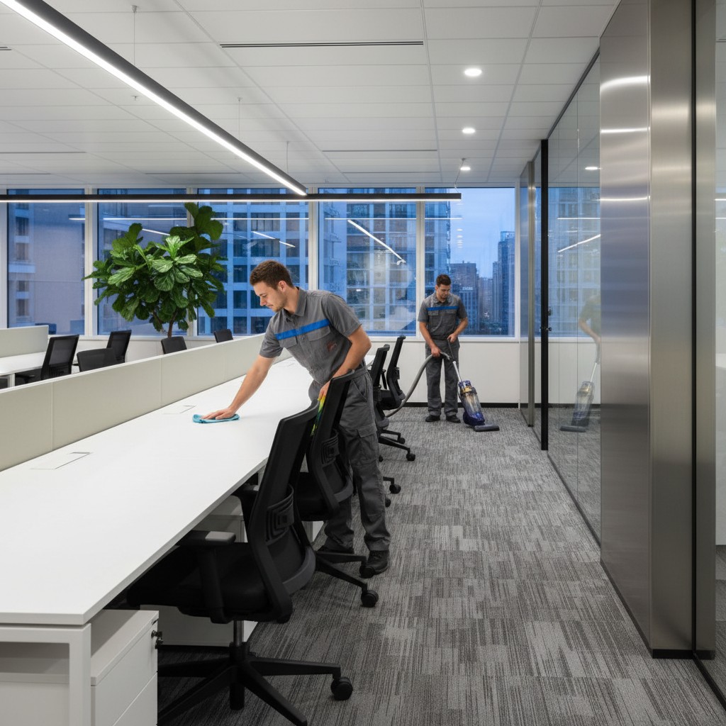 Two men in gray uniforms are seen cleaning in an office. The man on the left is wiping a long white table or desk with a b...