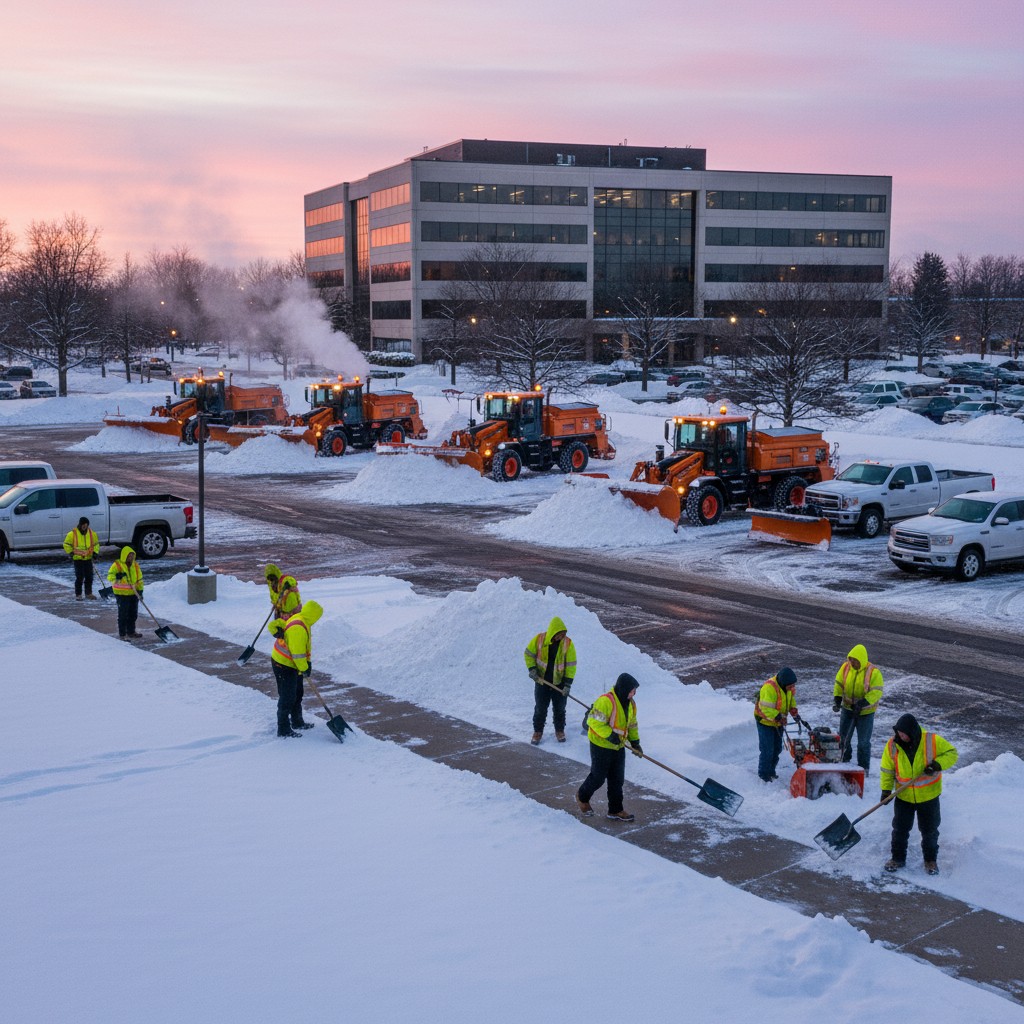 A group of snow removal workers, identifiable by their yellow safety vests, shovel and plow snow to clear a parking lot. T...